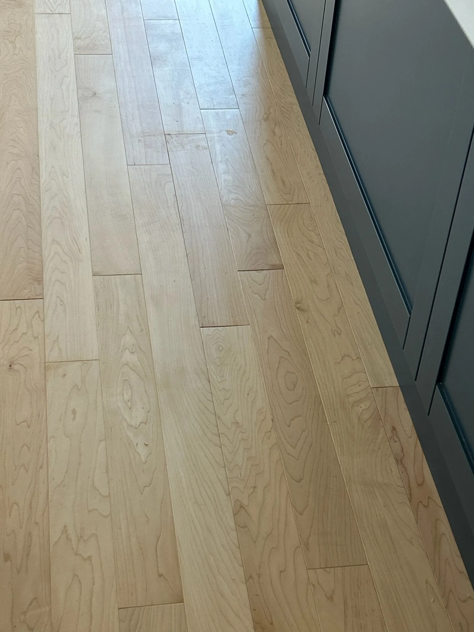 Close-up view of natural light hardwood flooring beside dark cabinetry.